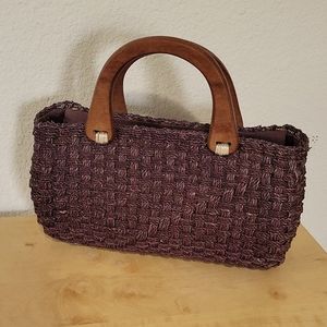 Wooden Top Handle Dark Brown Woven Purse